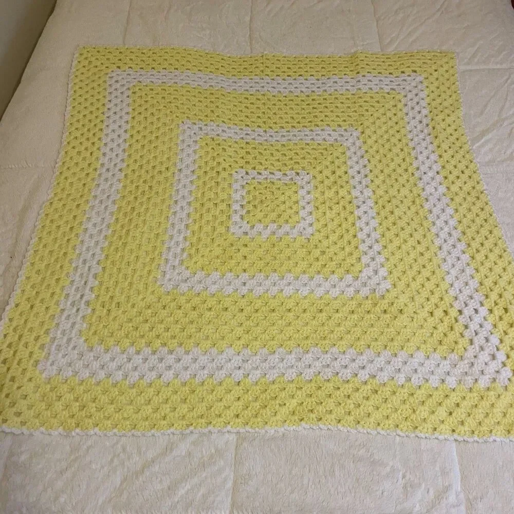 Afghan Blanket Knit Handmade Crochet Baby Throw Vintage 41” x 41” Yellow White
